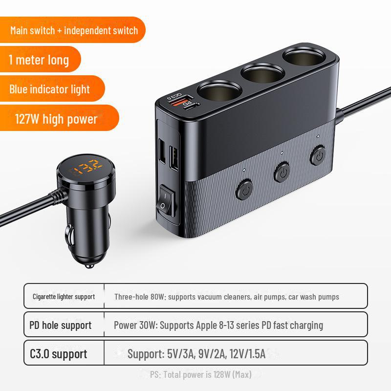 Multi-Function Car Charger: 128W 3-in-1 Cigarette Lighter with USB 3.0 & PD Ports