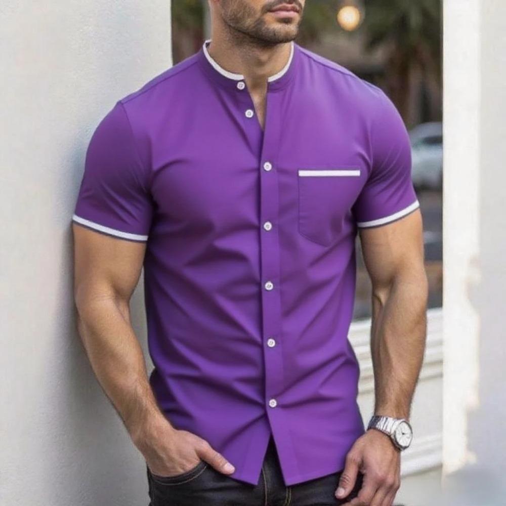 New Men Summer Short Sleeve Fashion Stand Collar Shirt Men Pure Color Casual Shirt