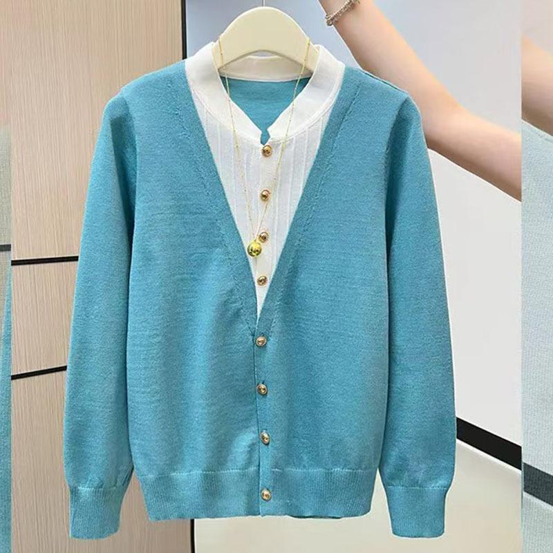 Autumn Winter Stand Collar Fake Two Pieces Knitting Patchwork Top Women Elegant Fashion Bottomed Sweater