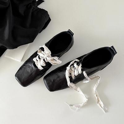 Cowhide Version~ Retro Literary Square Head Small Leather Shoes High Sense Thick Heel Front Lace-up Outside Wear Temperament Leather Single Shoes Wome