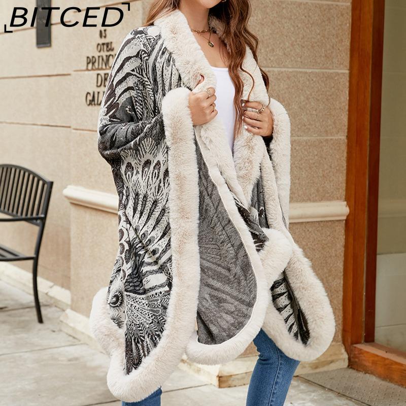 BITCED Autumn/Winter Peacock Flower Knitted Cape for Women - Thickened Warmth Shawl