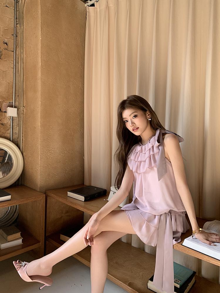 2026 Spring/Summer Pink Lace Strappy Tank Top & Ribbon Skirt Set for Women
