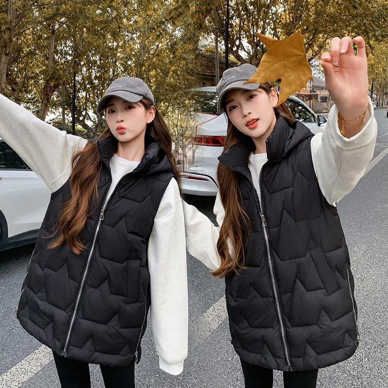 New down cotton side split vest women's medium and long loose hooded vest outer wear vest