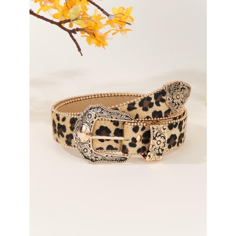Women's Vintage Engraved Buckle Leopard Print Beaded Sexy Belt Jeans Versatile Decorative Belt Suitable for Everyday Use Hot
