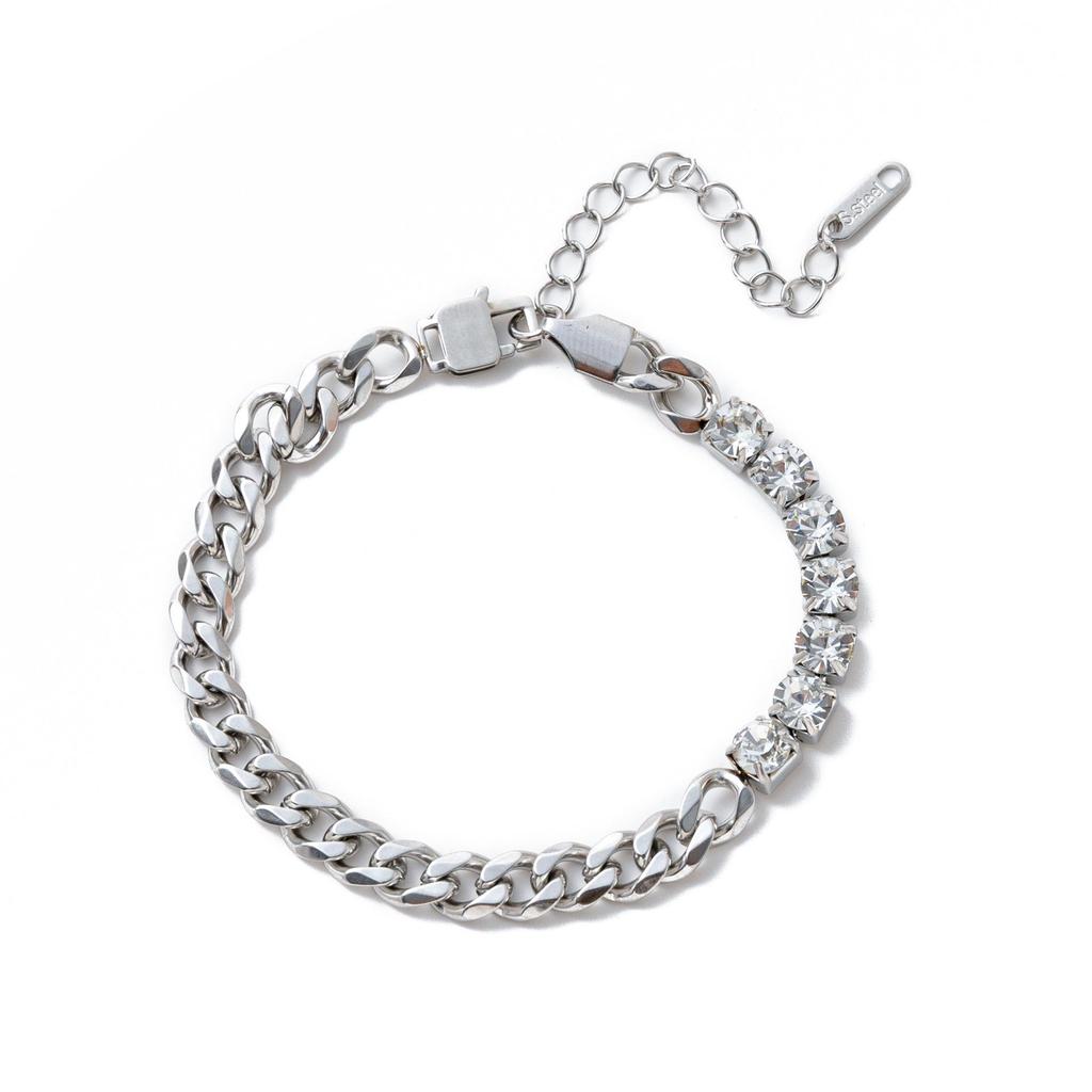 European Stainless Steel Hip Hop Bracelet & Necklace Set with Gold-Plated Zircon Inlay