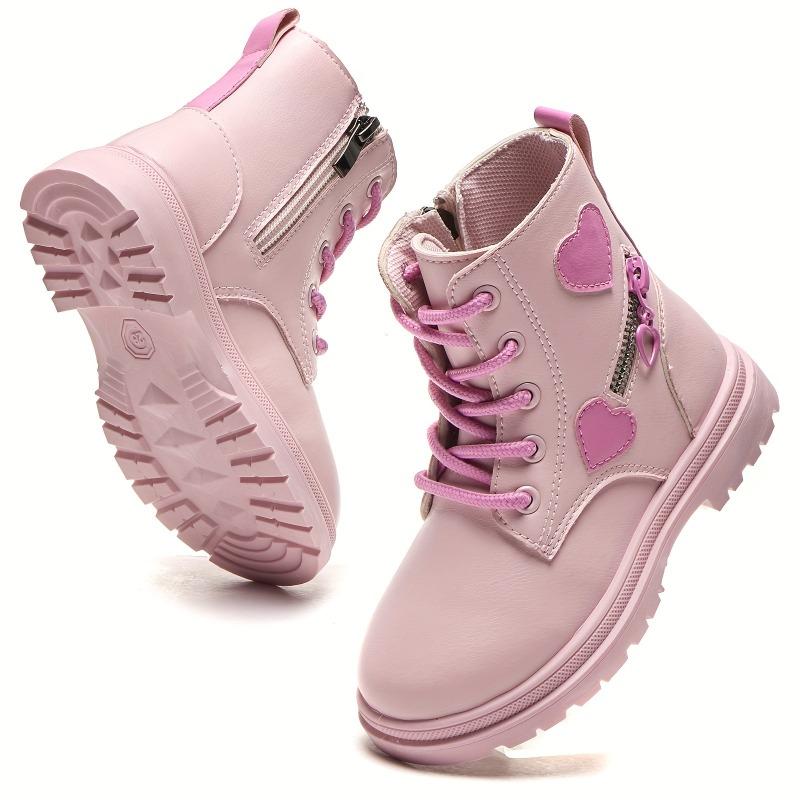 Adorable Heart Non Slip Ankle Boots Girls Boys Lightweight Durable PU Rubber Outdoor Hiking Shoes Zipper Closure Pink Black Fall Winter Casual
