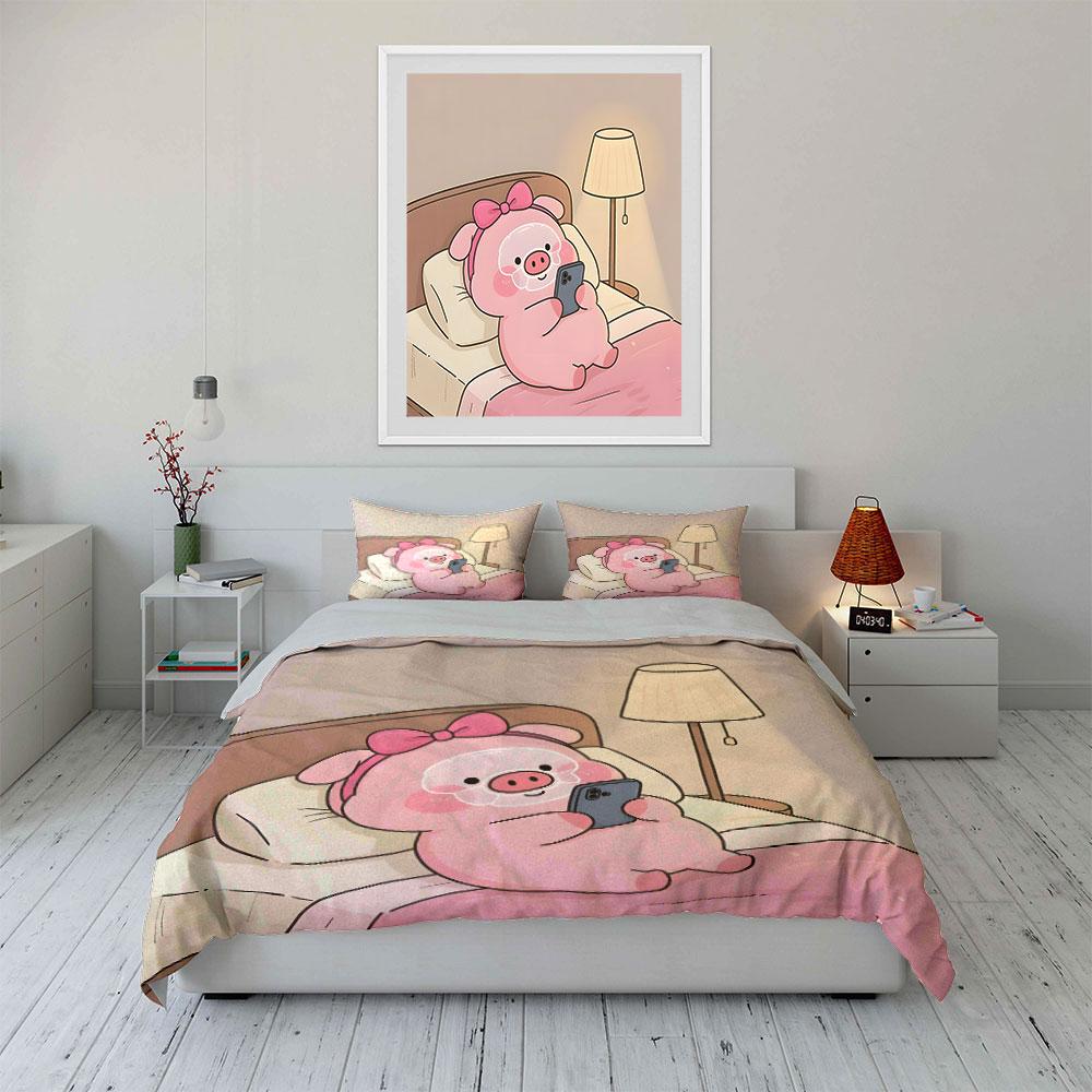 Cute pink pig is looking at its phone in bed Print Bedding Set 1 Duvet Cover 2 Pillowcases for Adult and Children Luxury Gift