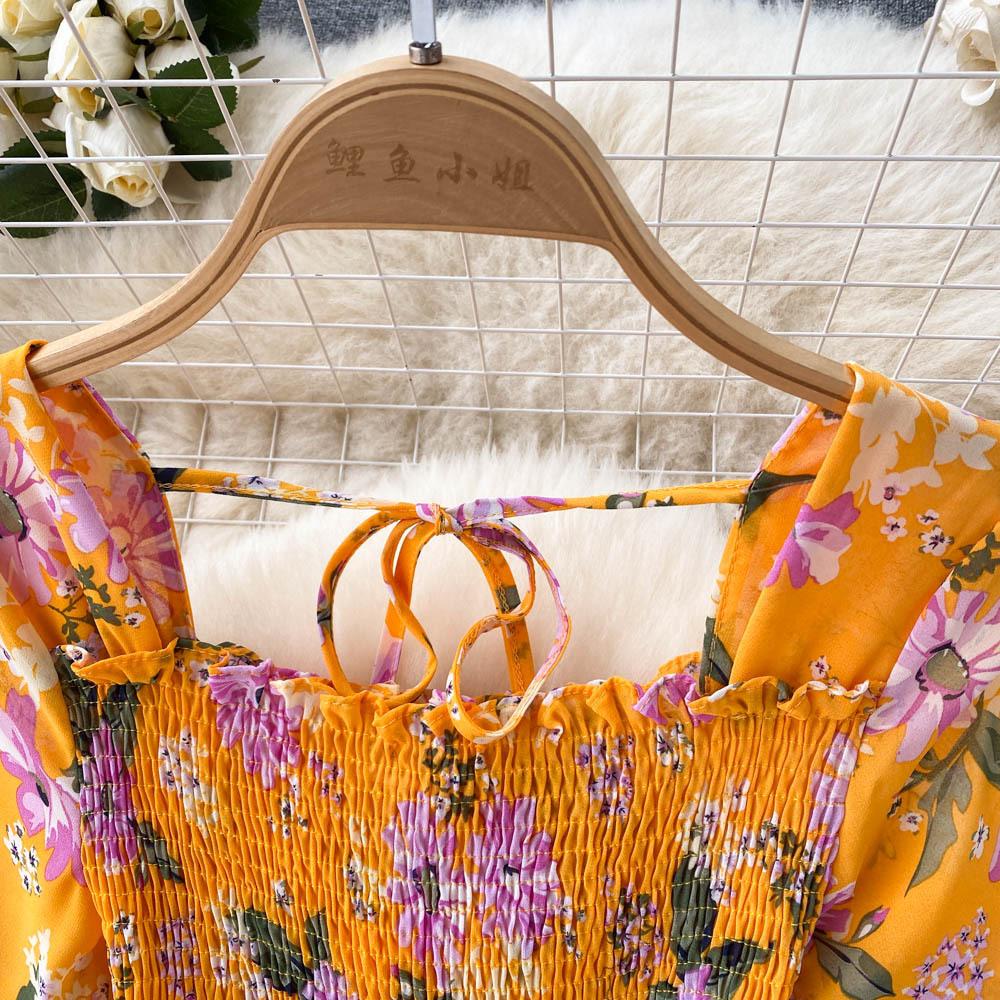 Tea Break French Vintage Dress Square Neck Flared Sleeve Tie Waist Women's Temperament Swing Long Dresses