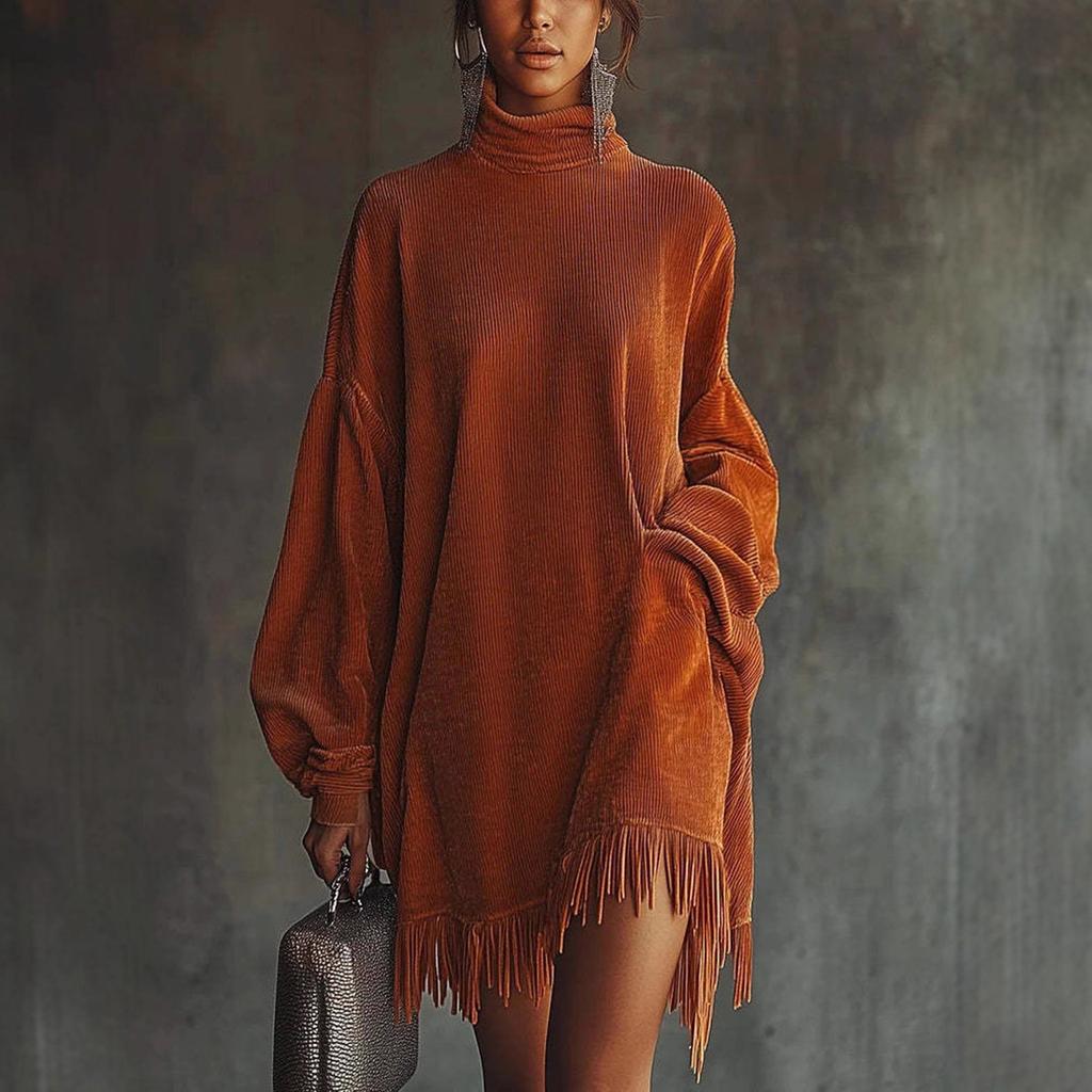 Women's Turtleneck Fringe Minied Dress, Ribbed Corduroy Dress, Casual Loose Color Pocket Dress