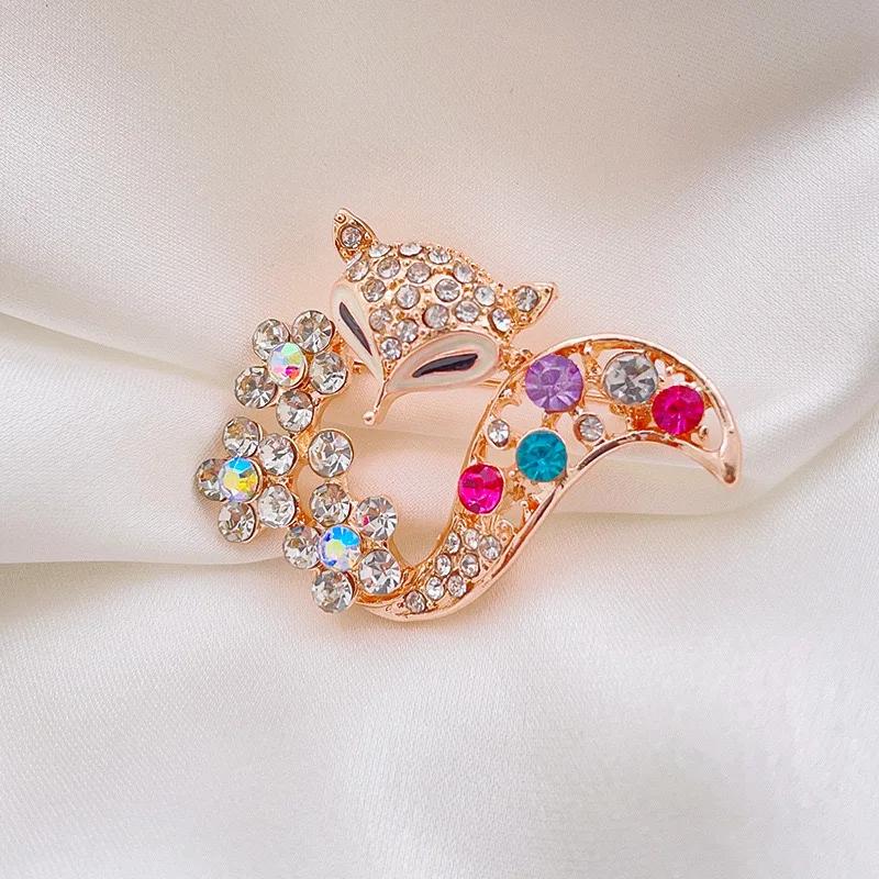 Women's Fox Brooch For Ladies Colorful Rhinestone Flower Animal Gold Pins Corsage Sweater Coat Party Wedding Accessories