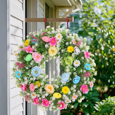 Osterkranz für die Haustür Künstlicher Frühlingsblumenkranz mit pastellfarbenen Eiern für Zuhause Innen Außen Veranda Wanddeko
