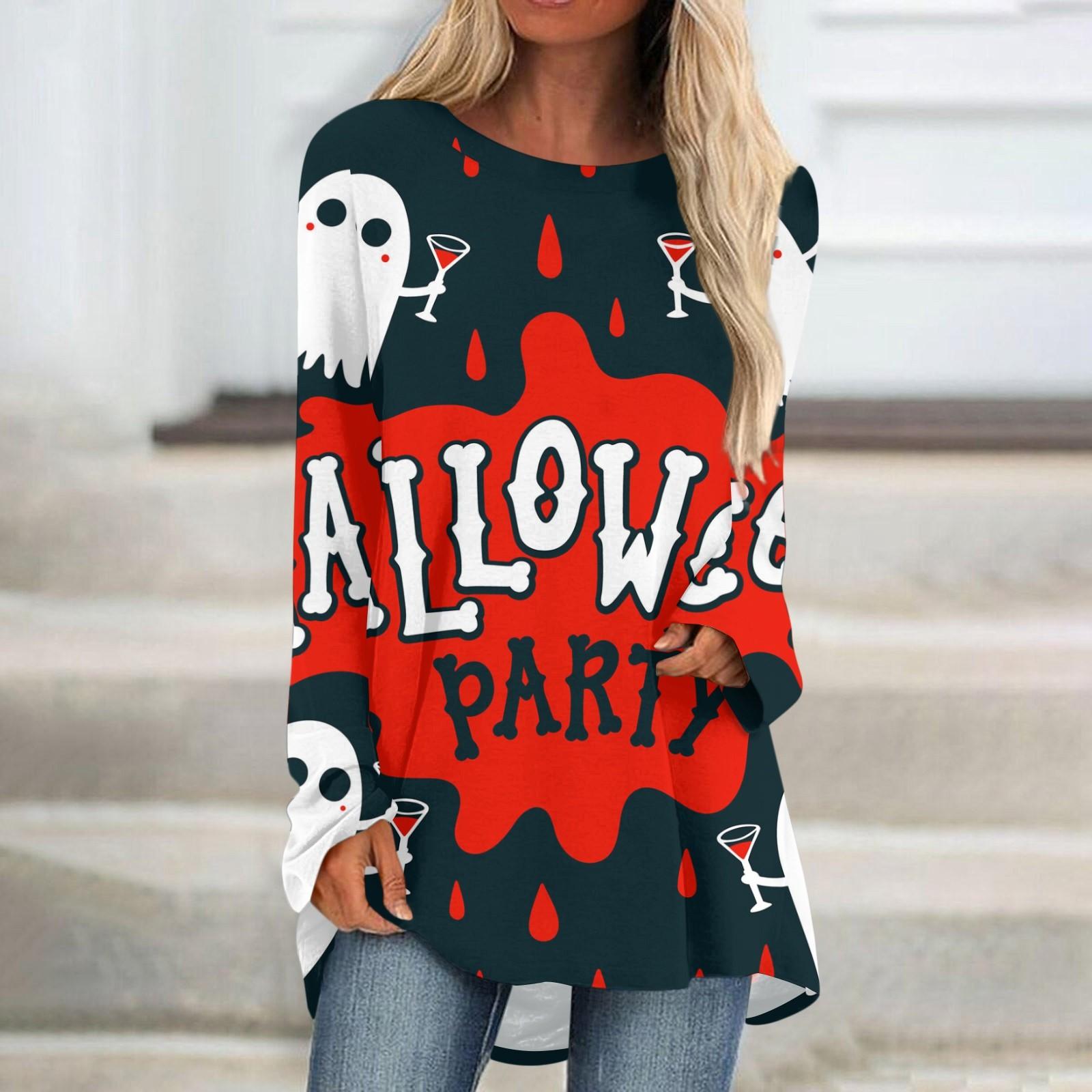 

Женская повседневная футболка с длинным рукавом и круглым вырезом, топ с принтом «Хэллоуин» S красный