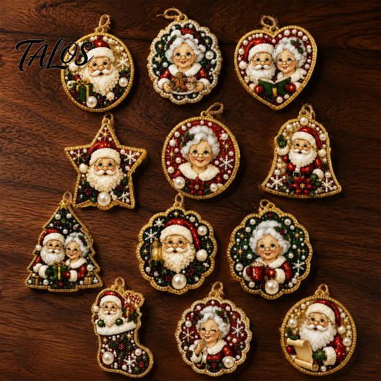 Festive Home Decoration 12PCS Christmas Tree 2D Flat Pendant, Pearl Acrylic Art Kits, Bright Fireplace Holiday Decor Color Classic Patterns