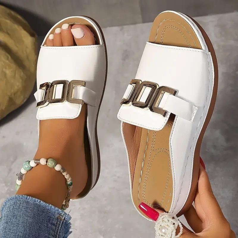 Sandali Donna Fibbia Metallica Punta Aperta Zeppa Suola Spessa Pantofole Taglie Forti Scarpe Casual Semplici