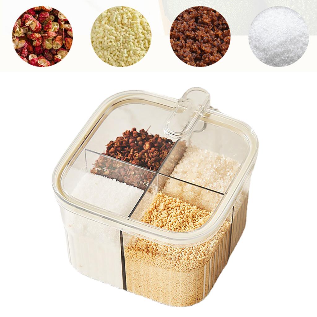 4 Grid Clear Seasoning Box Kitchen Spice Pot Condiments Storage Container with Cover and Spoon