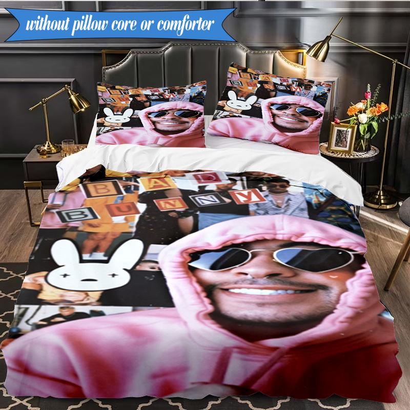 Bad Bunny Collage 3pcs K-pop music group Bedding set,Ideal for Bedroom, Dormitory,Including Duvet Cover And 2pcs Pillowcases,Fan gifts