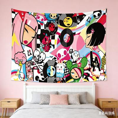 Tokidoki Anime Wandteppich Mehrere Größen Flacher Digitaldruck Rosa Haare Schädel Musik Mädchen Pfirsichhaut Samt Schlafzimmer Wohnzimmer Studentenwohnheim