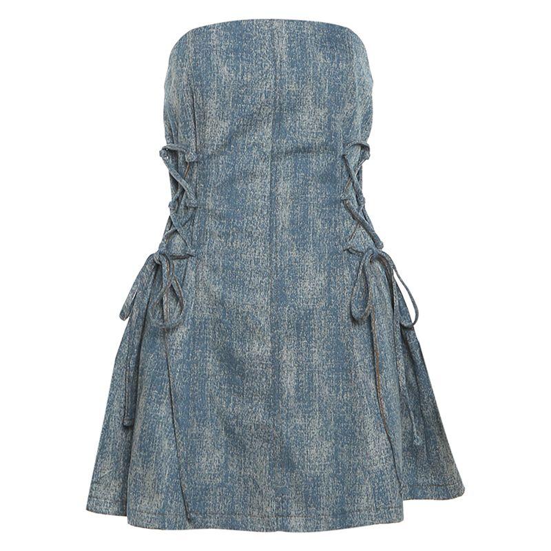 

Weird Puss Retro Denim Dress Tube Top Blue S