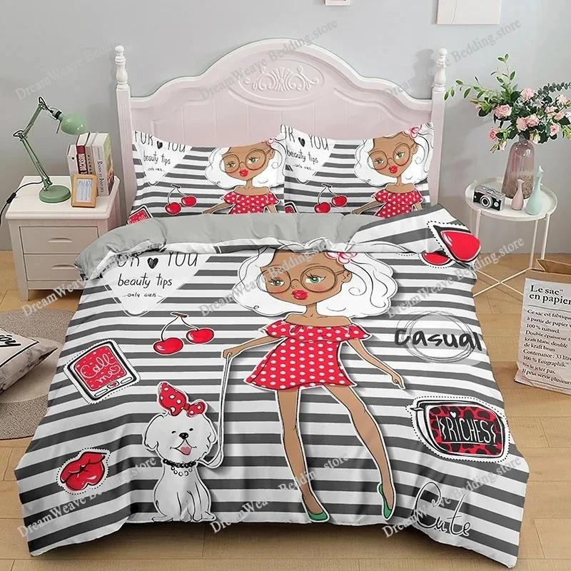 Cartoon Girly King Queen Duvet Cover Watercolor Fashion Girl Pattern Bedding Set Modern Women Polyester Comforter Cover963