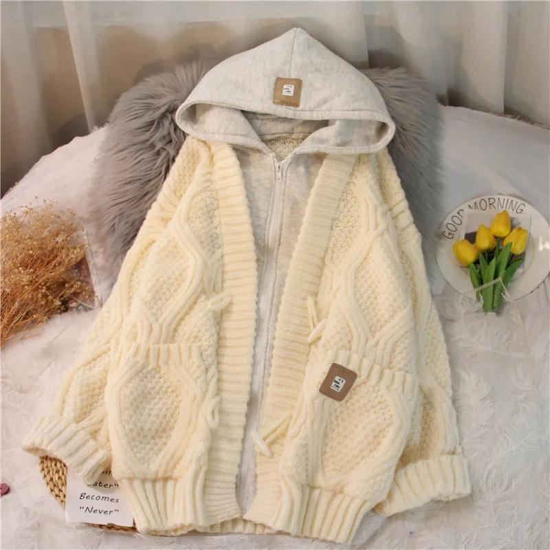 Spring Autumn Hooded Sweater Women's Autumn Jacket Loose Sweater with Medium Length Buttons Cardigan