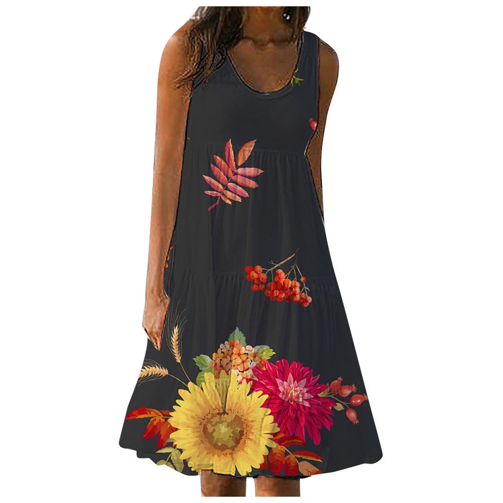 Women's Summer Floral Print Beach Dress Round Neck Sleeveless Dress