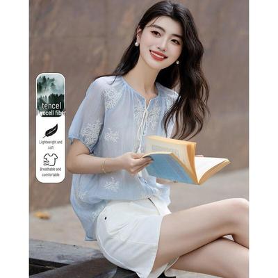 Demana Women's Lyocell French Embroidered Chiffon Short Sleeve Loose Shirt