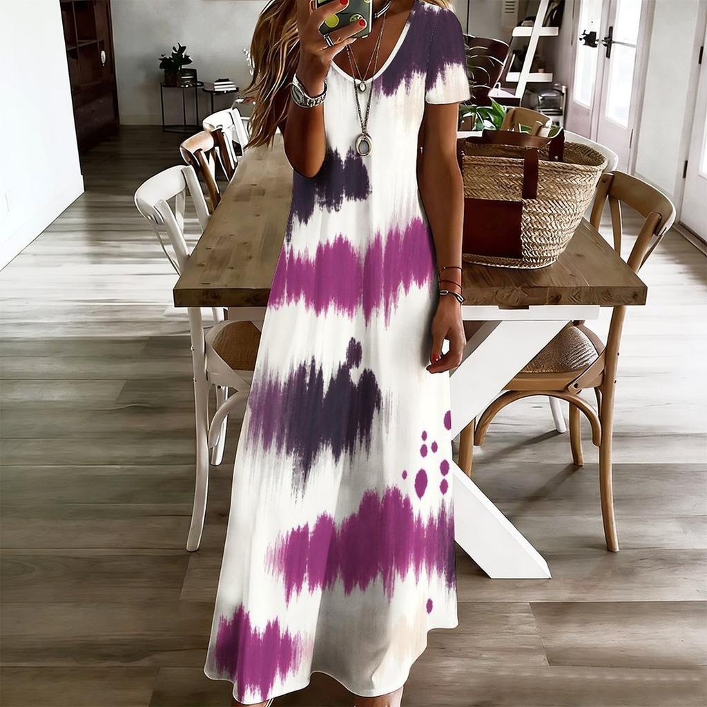 Women Plus Size V Neck Short Sleeve Printed Long Straight Dress White Purple