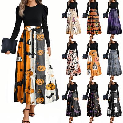 Damska Moda Casual Sukienki z Paskiem z Długim Rękawem z Okrągłym Dekoltem z Nadrukiem Halloween Eleganckie z Temperamentem
