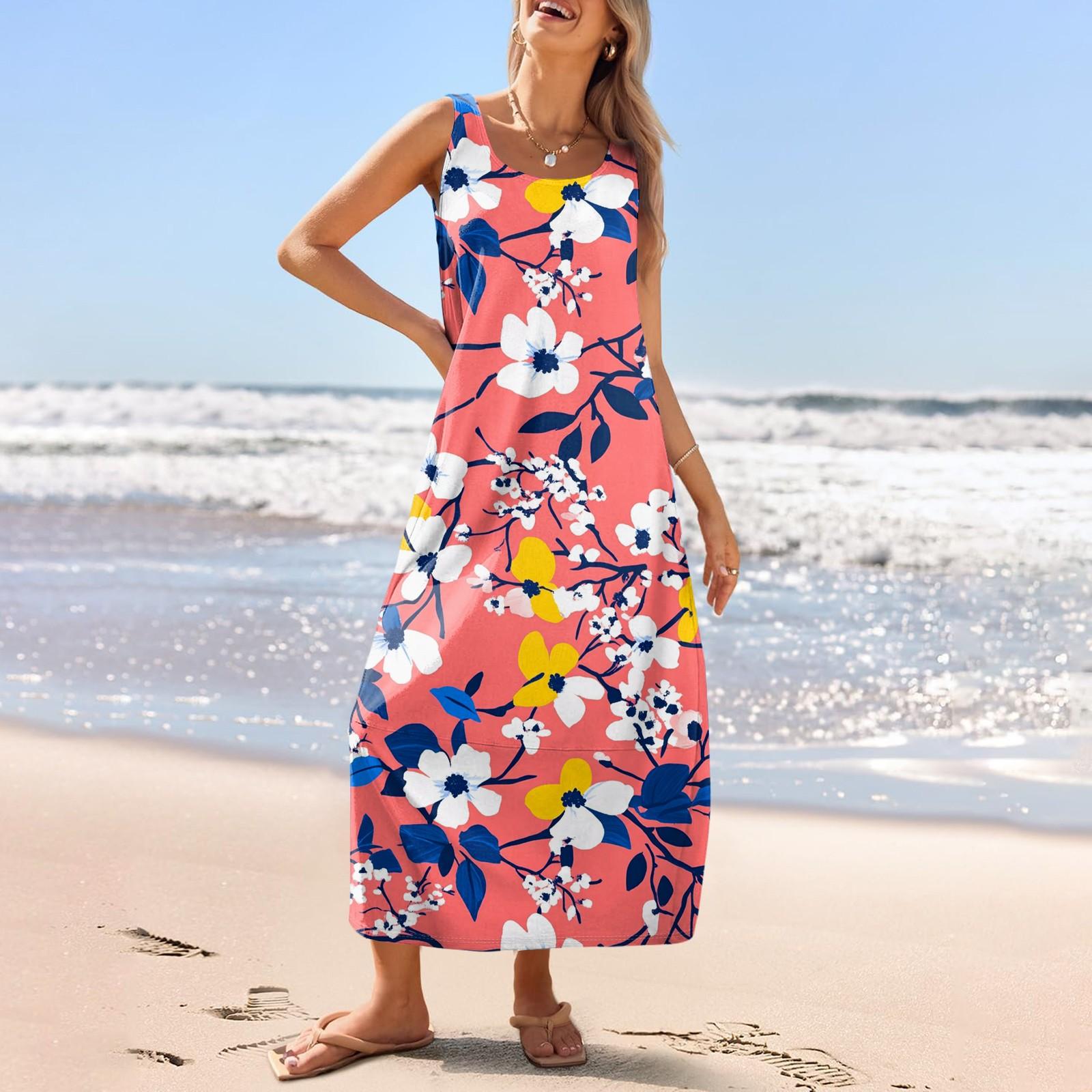 

Женский повседневный длинный сарафан, летнее пляжное платье, круглый вырез, без рукавов, свободный сарафан S