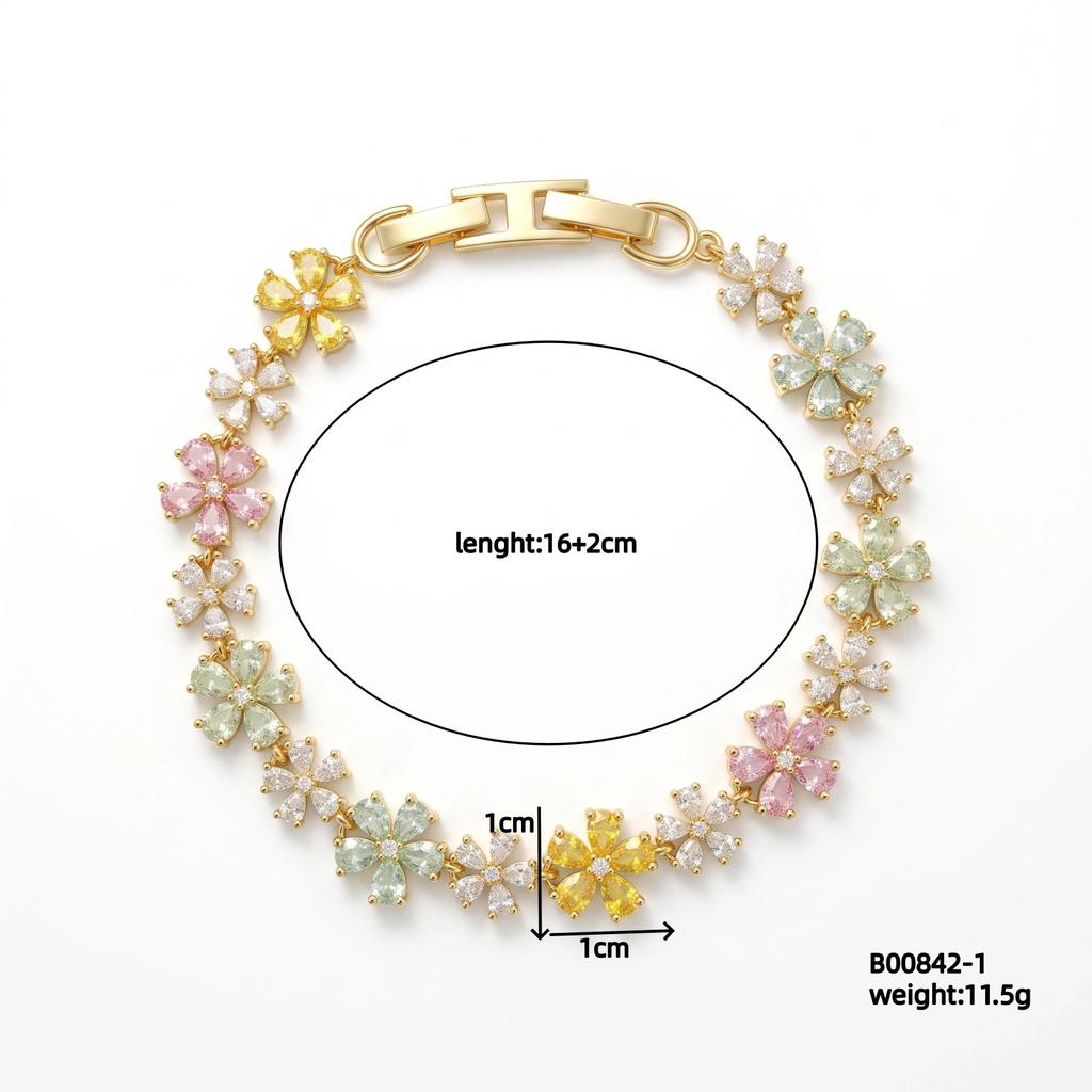 Trendy 14K Real Gold Plated Multi Color Zircon Link Chain Bracelet Delicate Ladies Bling Wrist Jewelry in Stock