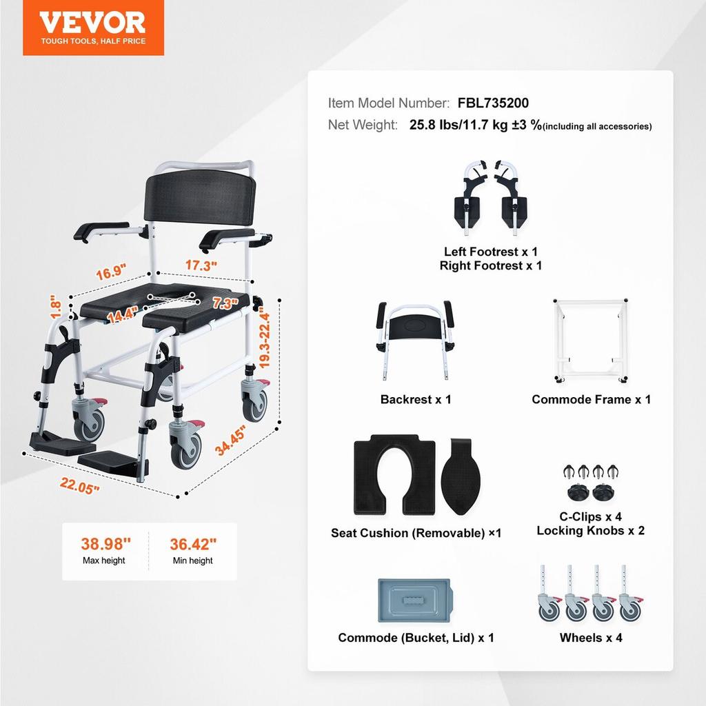 Shower Commode Wheelchair with 4 Lockable Wheels, Footrests, Flip-up Arms, 3-Level Adjustable Height, 5L Removable Bucket, 350 LBS Capacity, Commode