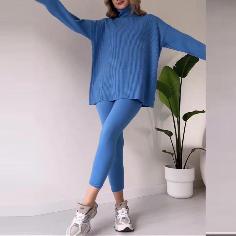 2023 Autumn European & American Solid Color High Neck Long Sleeve Knitted Set