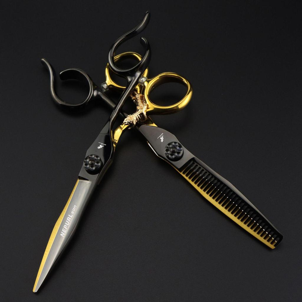 Black 6.0-inch Napson Steel Gold Tiger Bearing Hairdressing Scissors - Serrated & Thinning