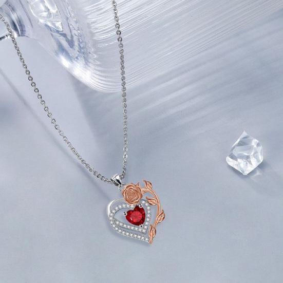 Heart And Rose Necklace Women Faux Gem Red Heart Pendant Necklace Jewelry Gift for Wife Girlfriend Birthday Anniversary Valentine's Day