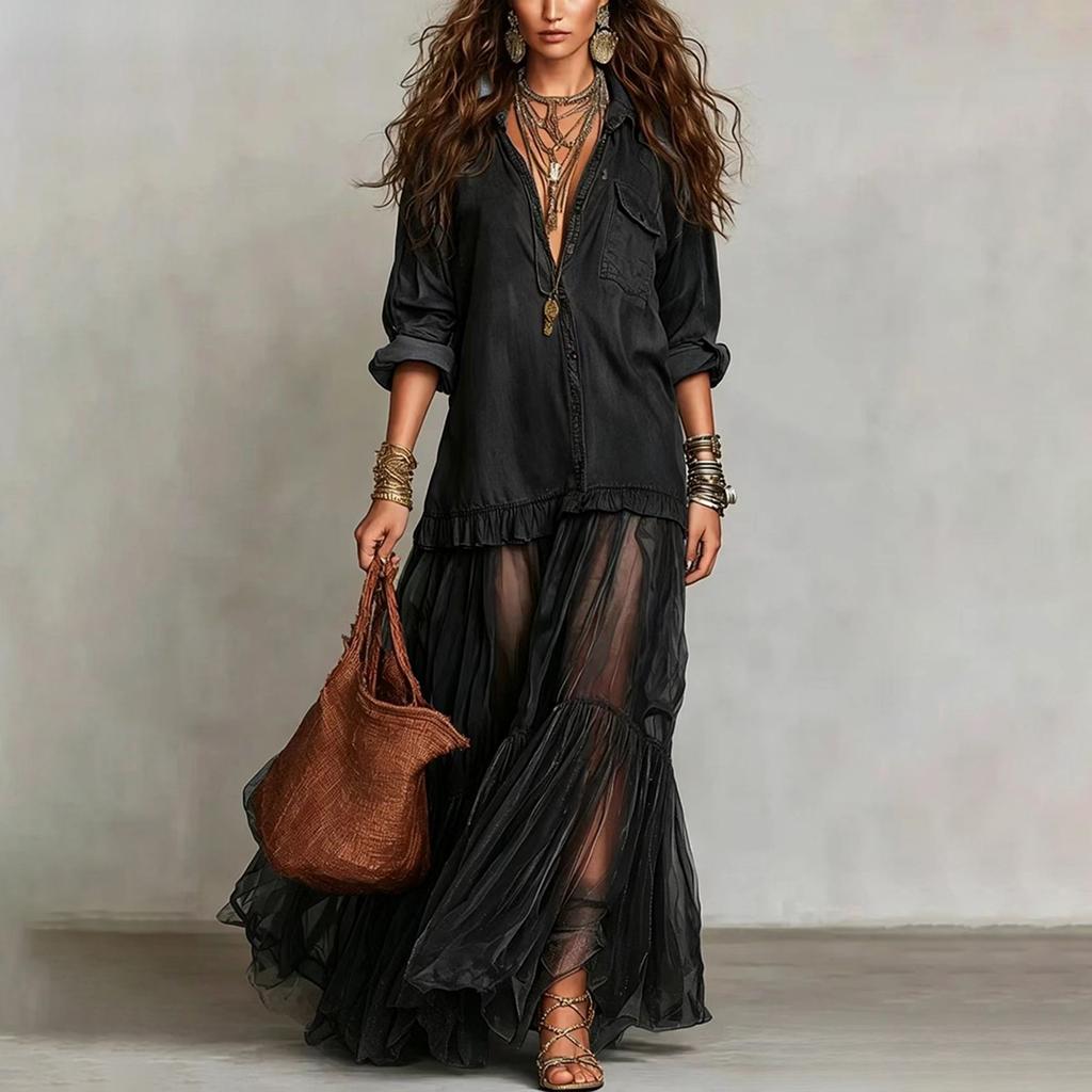 Women's Retro Faux Denim Long Sleeve Midi Dress with Pockets – Color Lapel Collar for Casual Everyday Wear