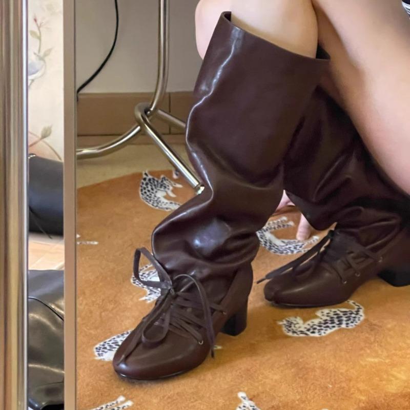 Retro Strap New Niche Design Pants Boots Thick Heel Thick Sole Boots But Knee Pointed Lace-up Knight Boots