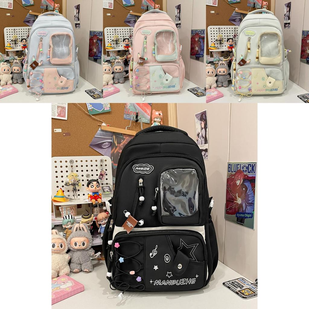 High Capacity Nylon Travel Backpack With Letter Pattern And Cute Bunny Head Charms For Teens And Adults