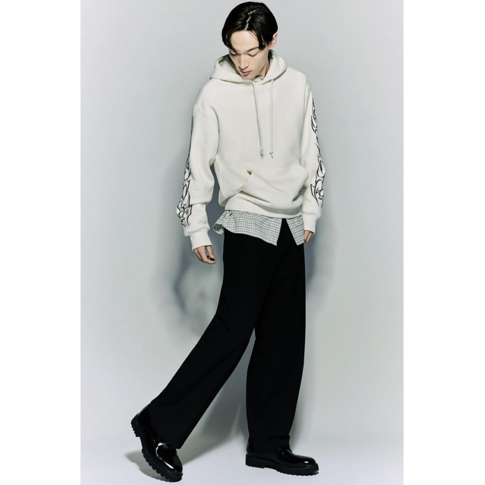 H M Loose Fit Printed Hoodie wHite