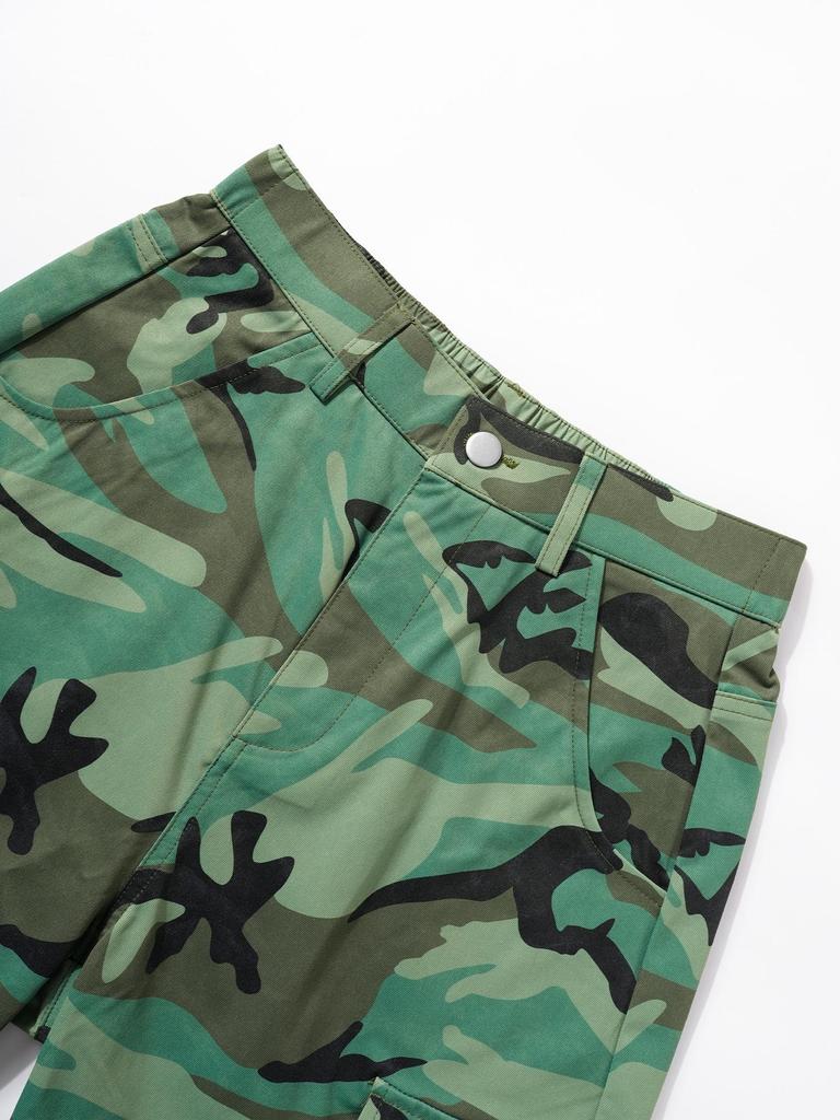 European-American Retro Women's High Waist Camouflage Cargo Pants with Wide Legs and Turn-Up Pockets - Style 8115
