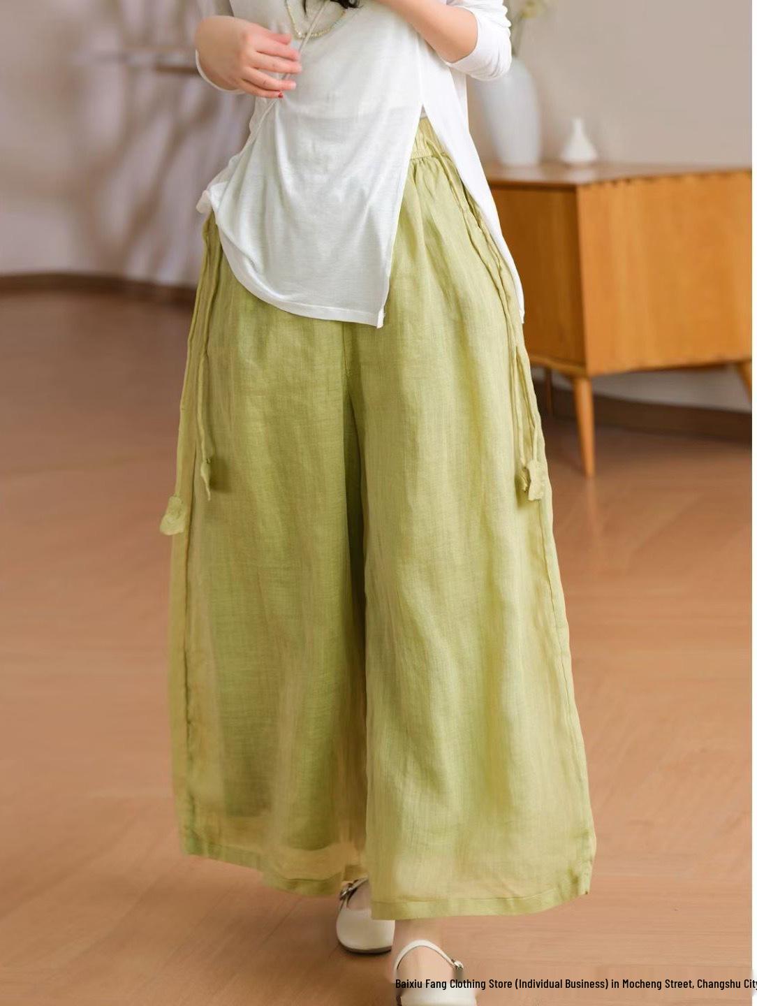 

Spring 2026 Wide-Leg Linen Pants: Elastic Waist, Tassel Detail, Double-Layer, Solid Color, Versatile and Casual One Size