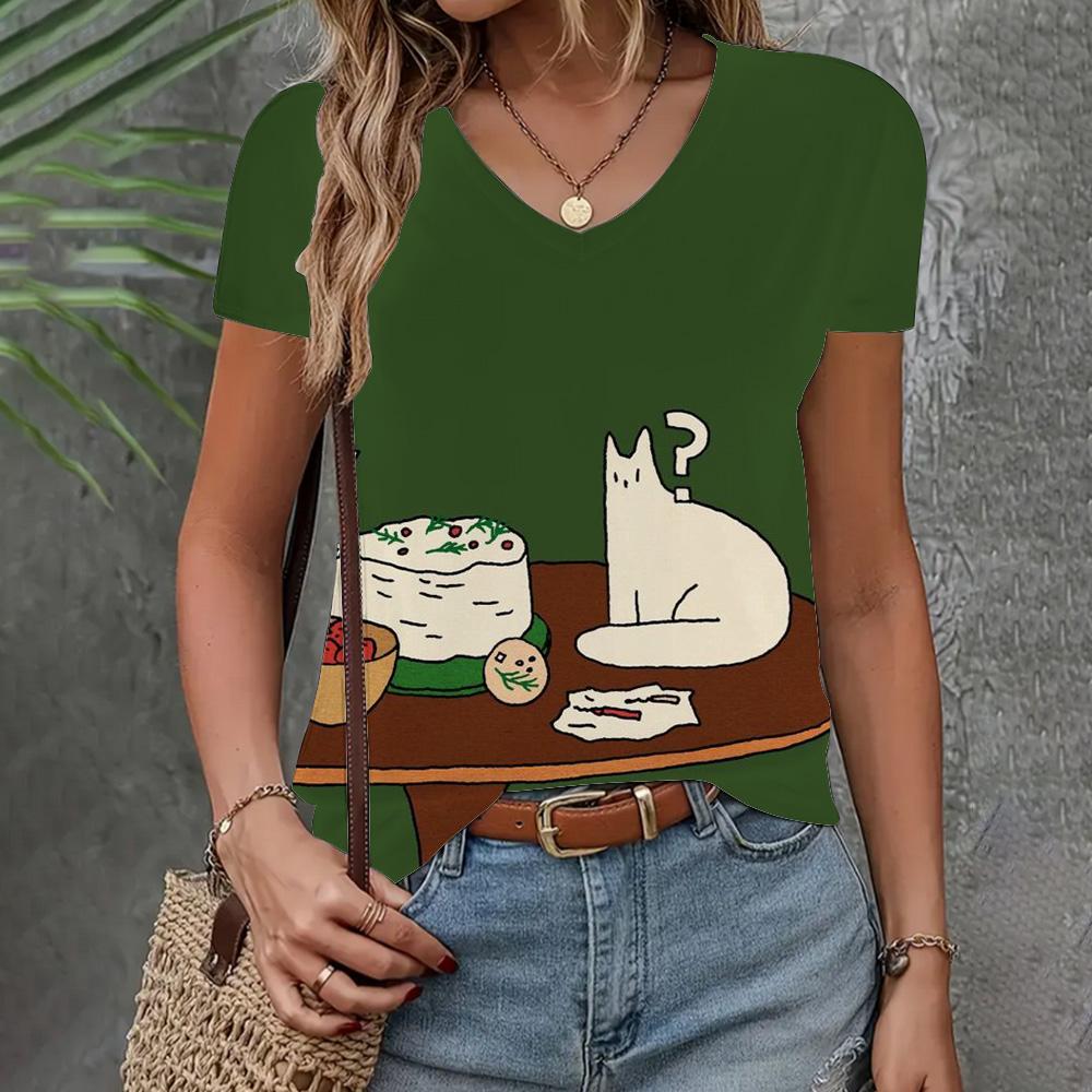 Women's Clothing T-shirt New V-neck Short Sleeve Cat Pattern Fashion Top Summer Loose And Breathable Clothing Women's T-shirt