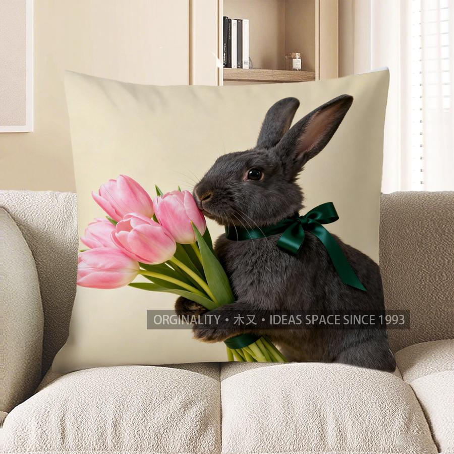 2D Gray Rabbit With Pink Tulips Decorative Pillow Pattern Cushion Cover Suitable For Sofa Bedroom Car Pillow Cover 40x40cm 588₽