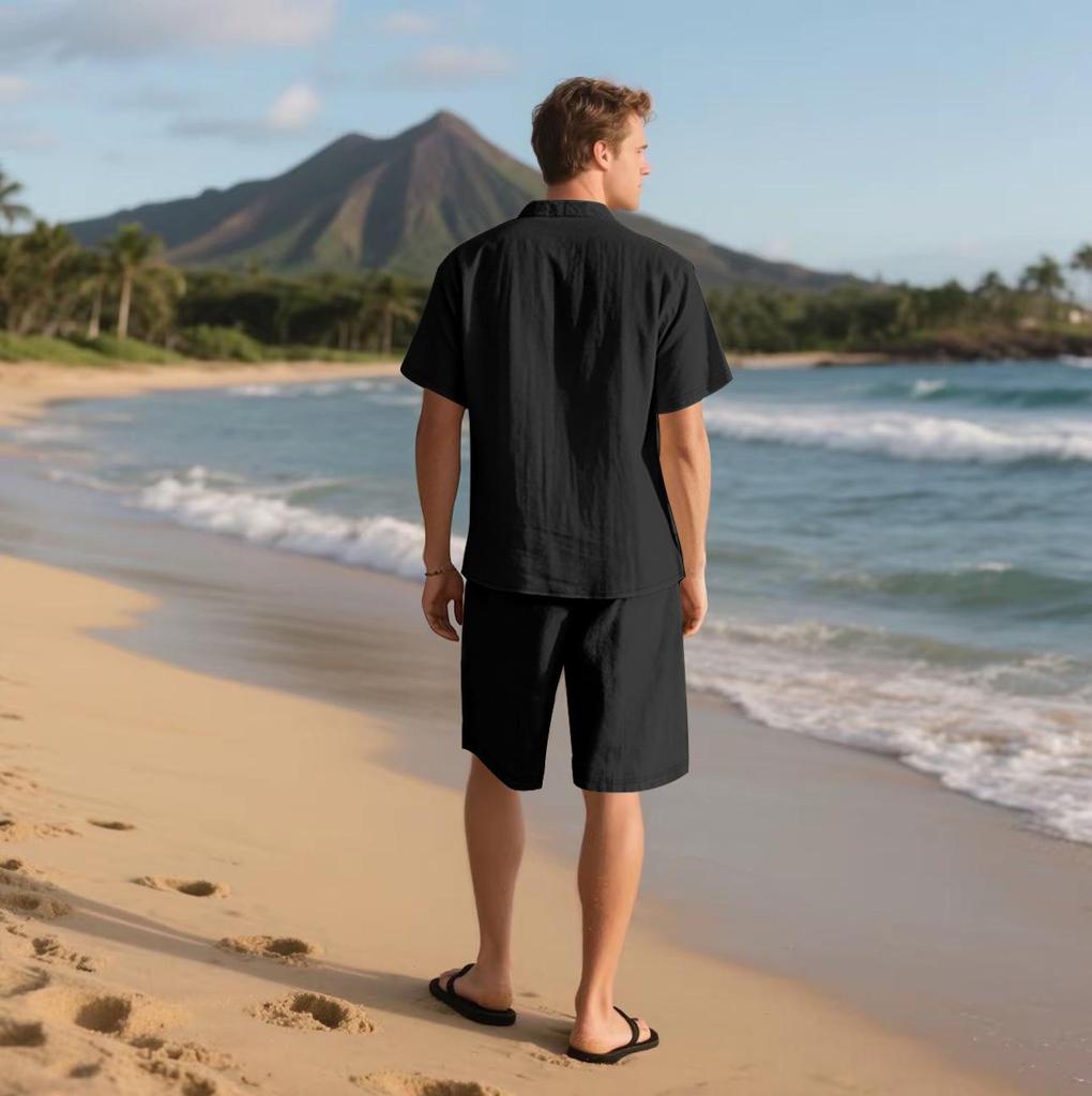 Men's Summer Linen Short-Sleeve Shirt & Shorts Set - Casual Loose Fit, Cotton-Linen Fabric.