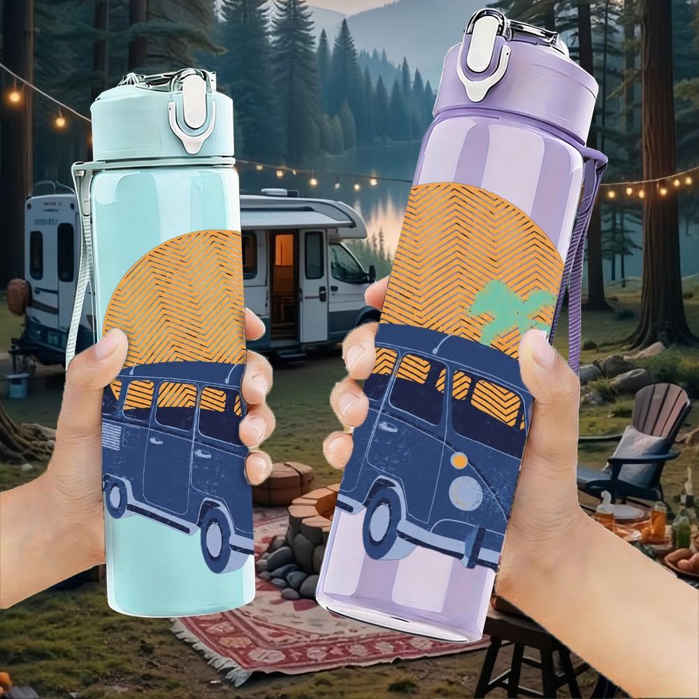 1PC Blue VW Bus Van 750ml Sports Water Bottle Leakproof Straw Lid Outdoor Office Home