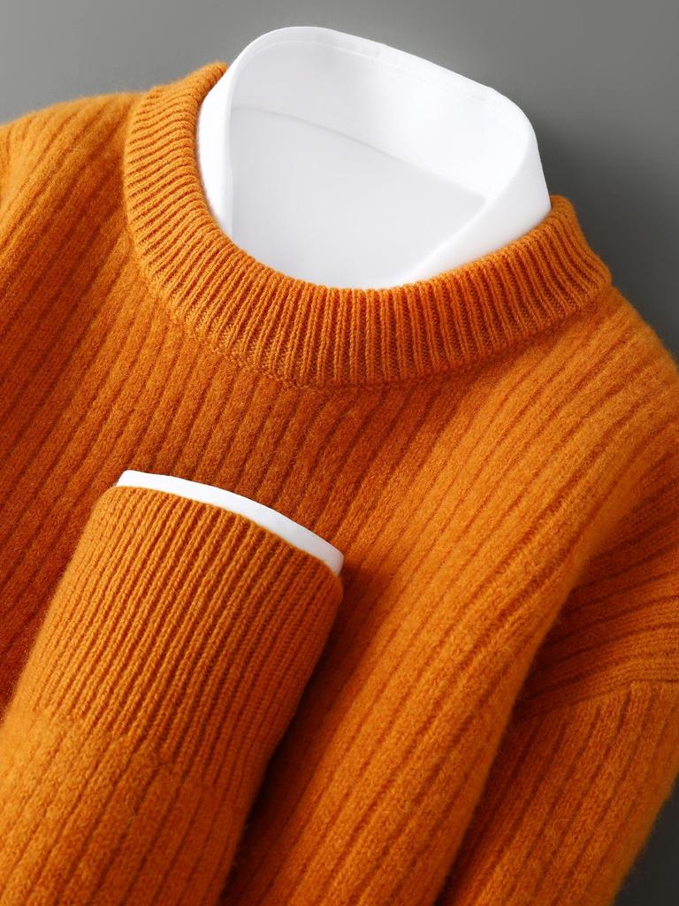 Men's Autumn/Winter Wool Round Neck Solid Color Long Sleeve Loose Fit Knit Sweater Plus Size.