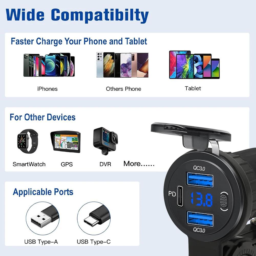 3-Ports 12V Motorcycle QC 3.0 USB Fast Charger Waterproof with Type C Port New PD Outlet Handlebar Mounting Cellphone Chargers