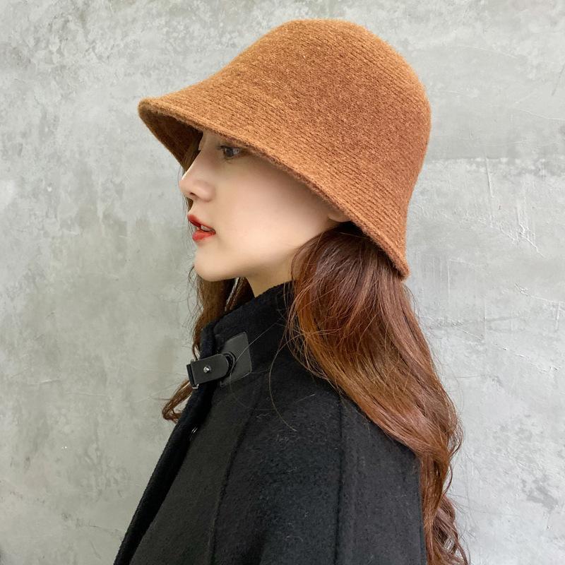 Solid Color Large Brim Wool Bucket Hat Autumn and Winter Plain Retro Washbasin Hat Knitted Bucket Hat