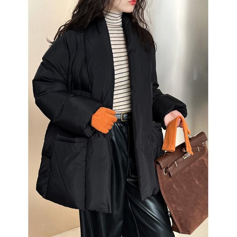 Johnature Winter V-neck Waist Down Jacket Women Lazy 90 White Duck Down Lace-up Chinese Warm Comfortable Jackets