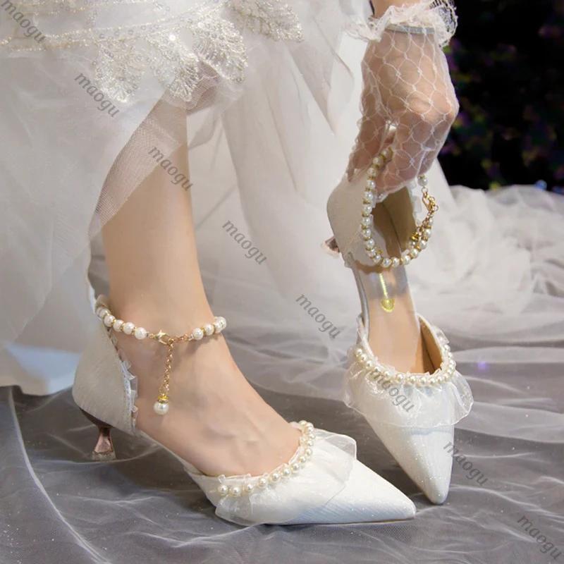 White Wedding Shoes for Women 2025 Summer Luxury Silk Pearl Ankle Straps High Heels Pumps Woman Pointed Toe Heeled Dress Shoes