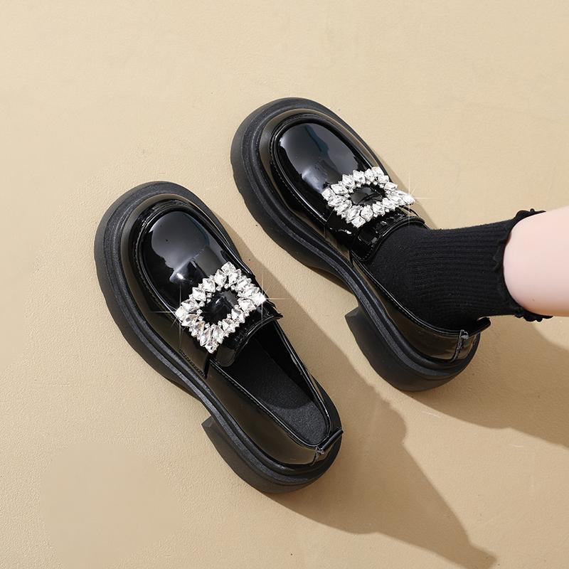 Rhinestone Buckle Loafers Autumn New Round Toe Deep Mouth Platform Non-slip Wear-resistant Block Heel Shoes